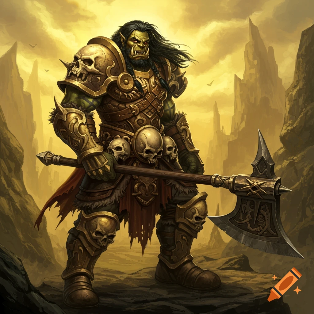 A fantasy orc warrior in golden armor adorned with skulls, holding a large axe in a rocky landscape.