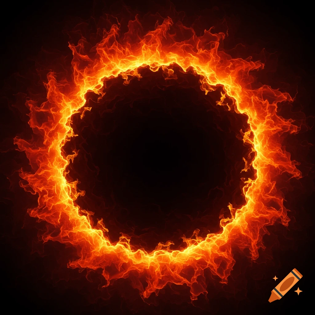 A ring of fire surrounds a matt black circle