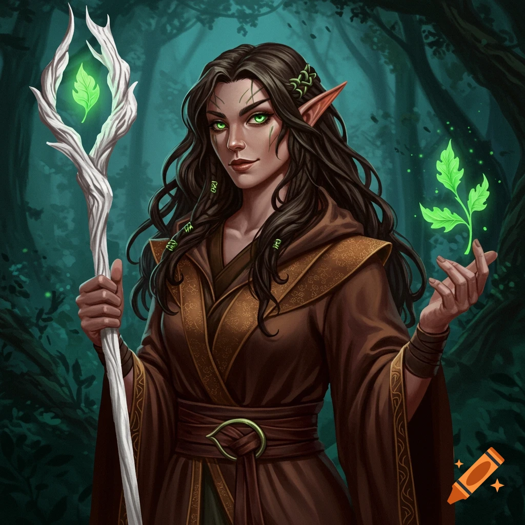 A half-elf sorceress in a brown robe holds a staff with a glowing leaf while standing in a forest.
