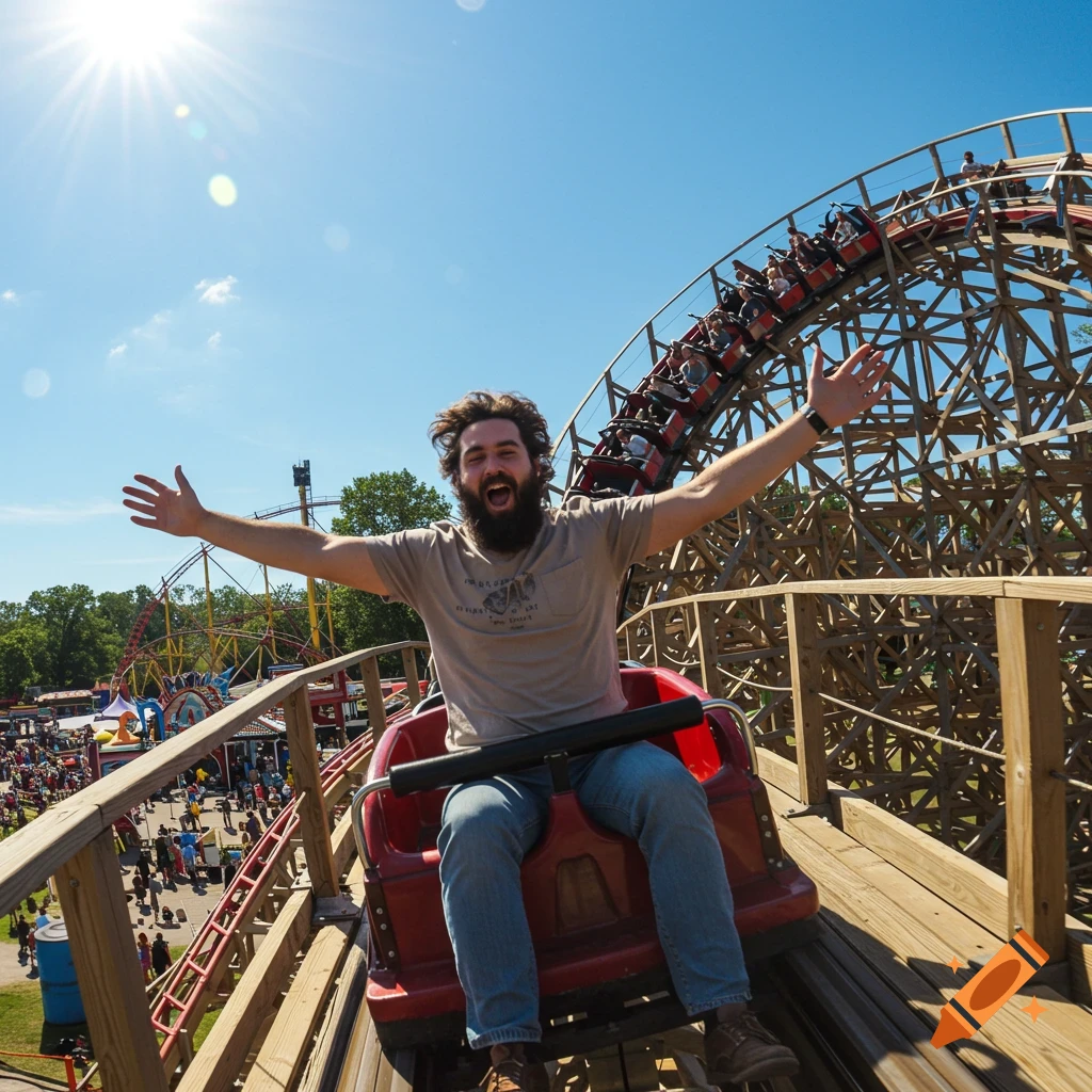 A bearded man screams in excitement with arms raised on a roller coaster.
