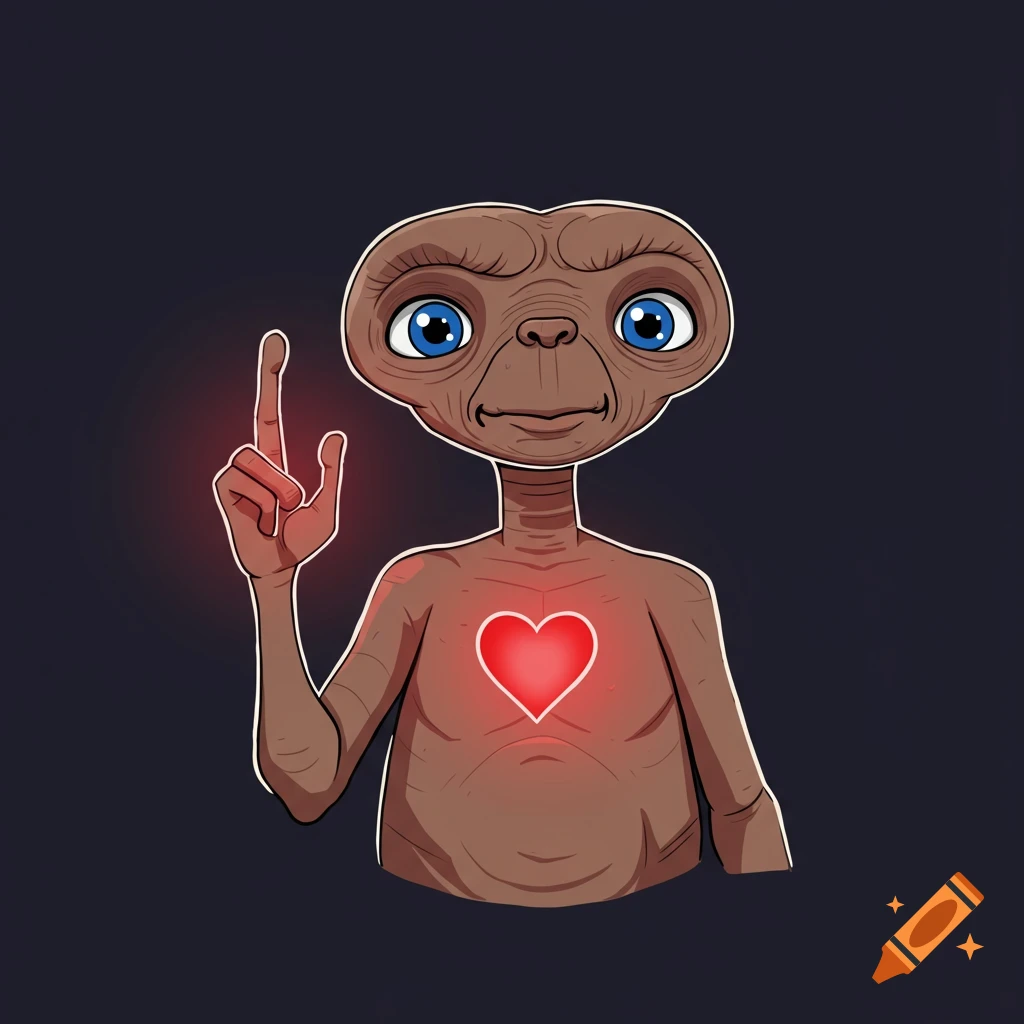 Cartoon illustration of E.T. with a glowing heart and glowing finger pointing up.