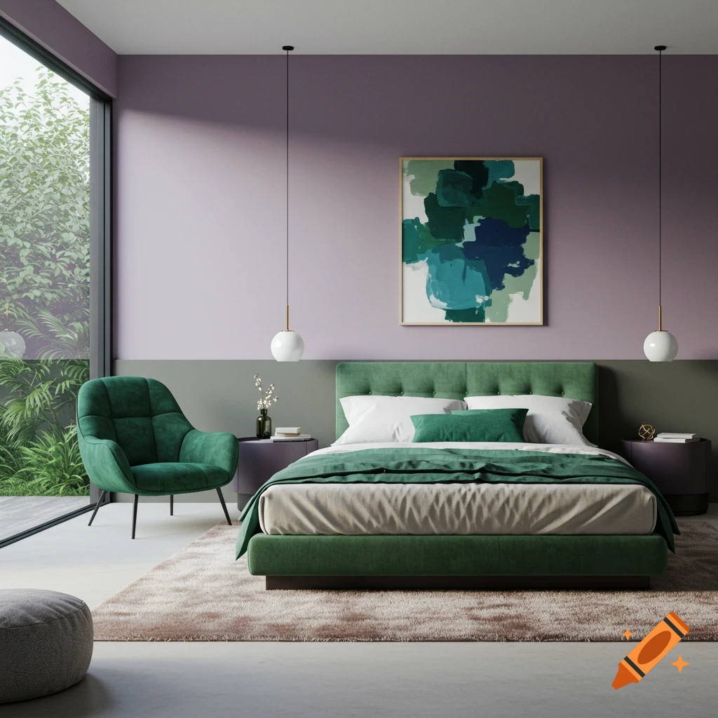 Contemporary bedroom with green bed and chair, purple wall, large window, and abstract painting