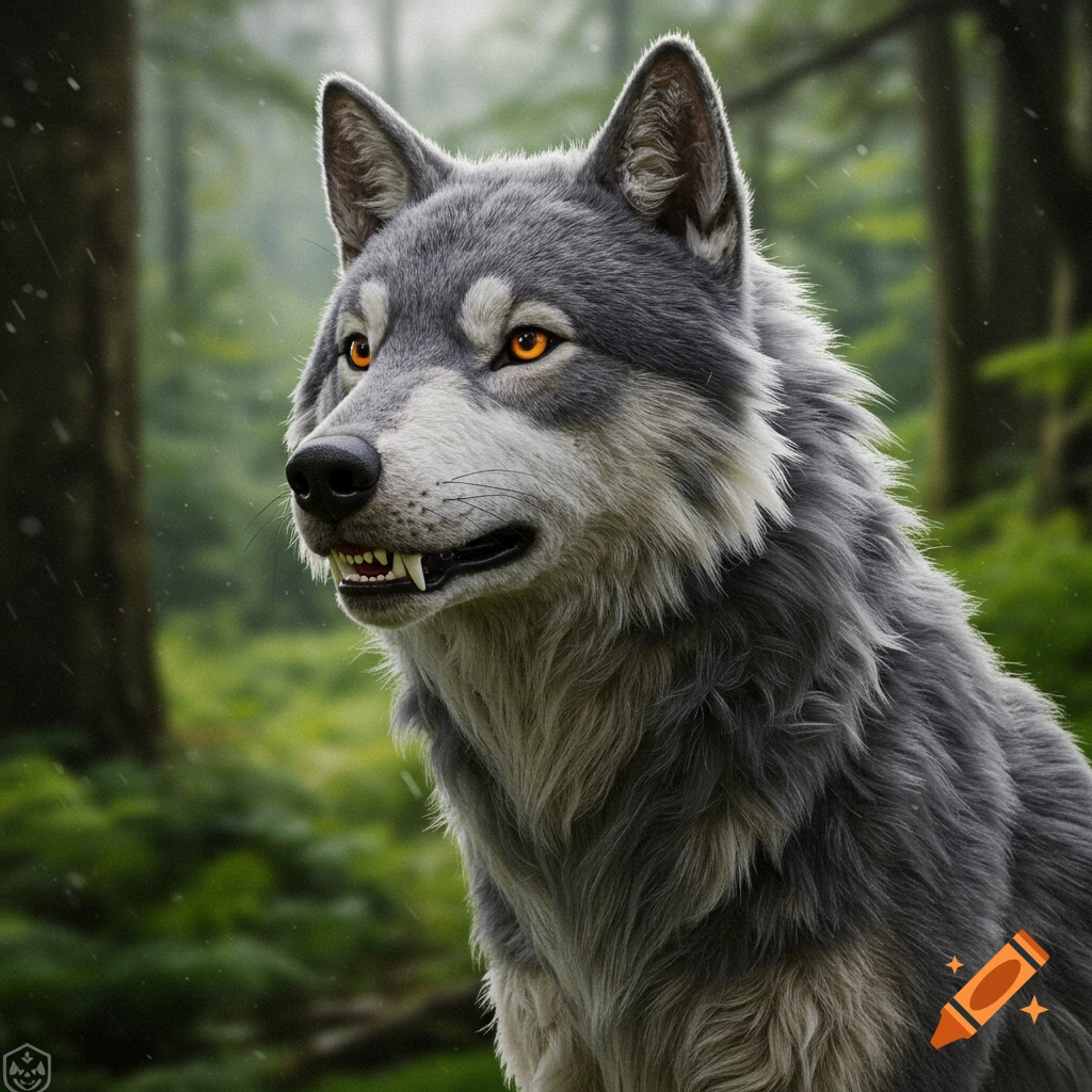 A close-up photorealistic portrait of a grey wolf with striking orange eyes in a rainy forest.