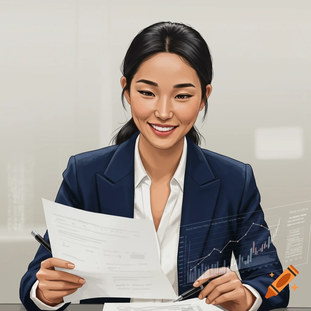 A woman in a suit reviewing financial documents and charts.