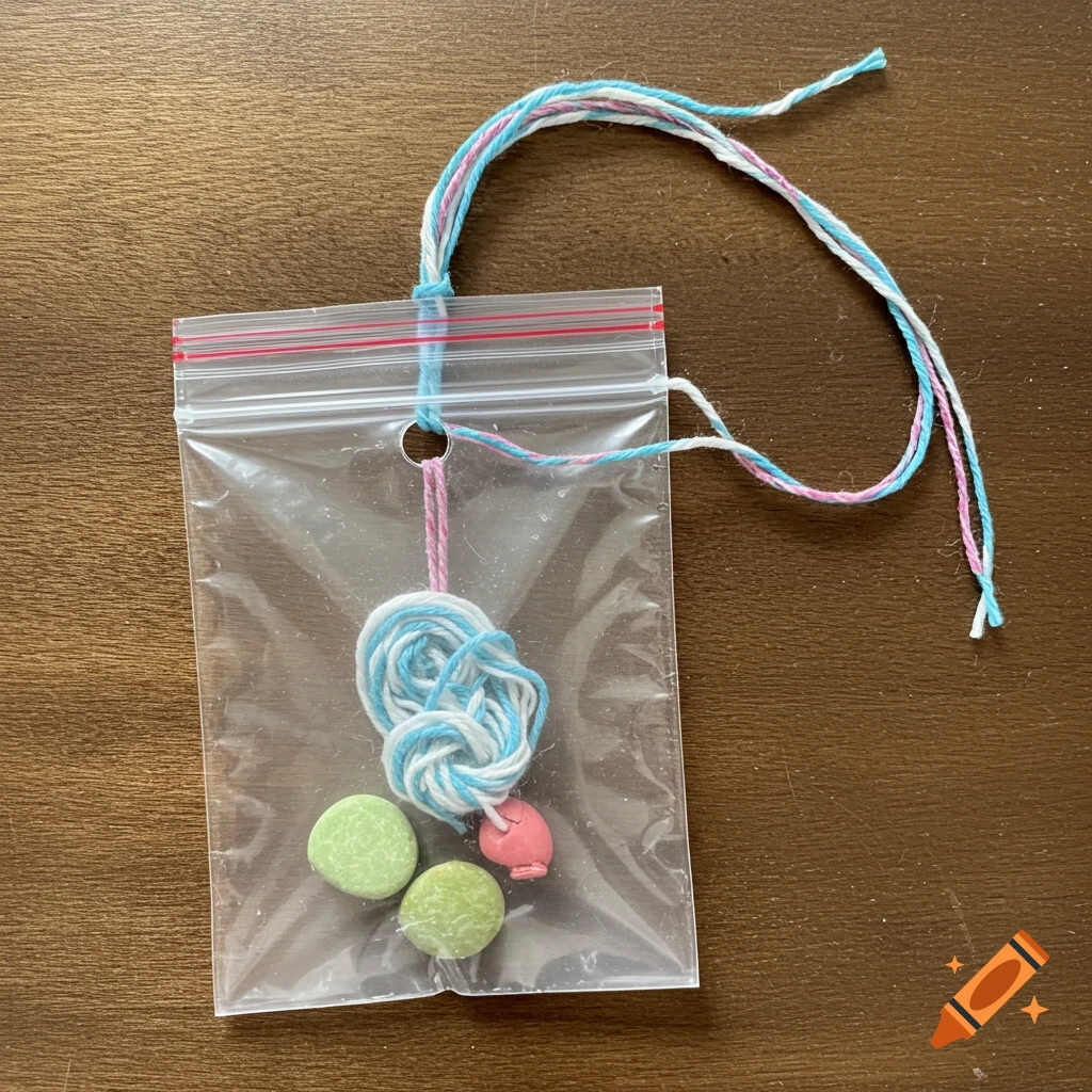 A plastic zipper bag with green beads and blue, white, and pink yarn inside, with yarn threaded through a hole to form a loop.