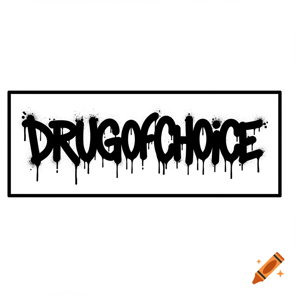 Graffiti-style logo with 'DRUG OF CHOICE' in drippy black font on white background with black borders.