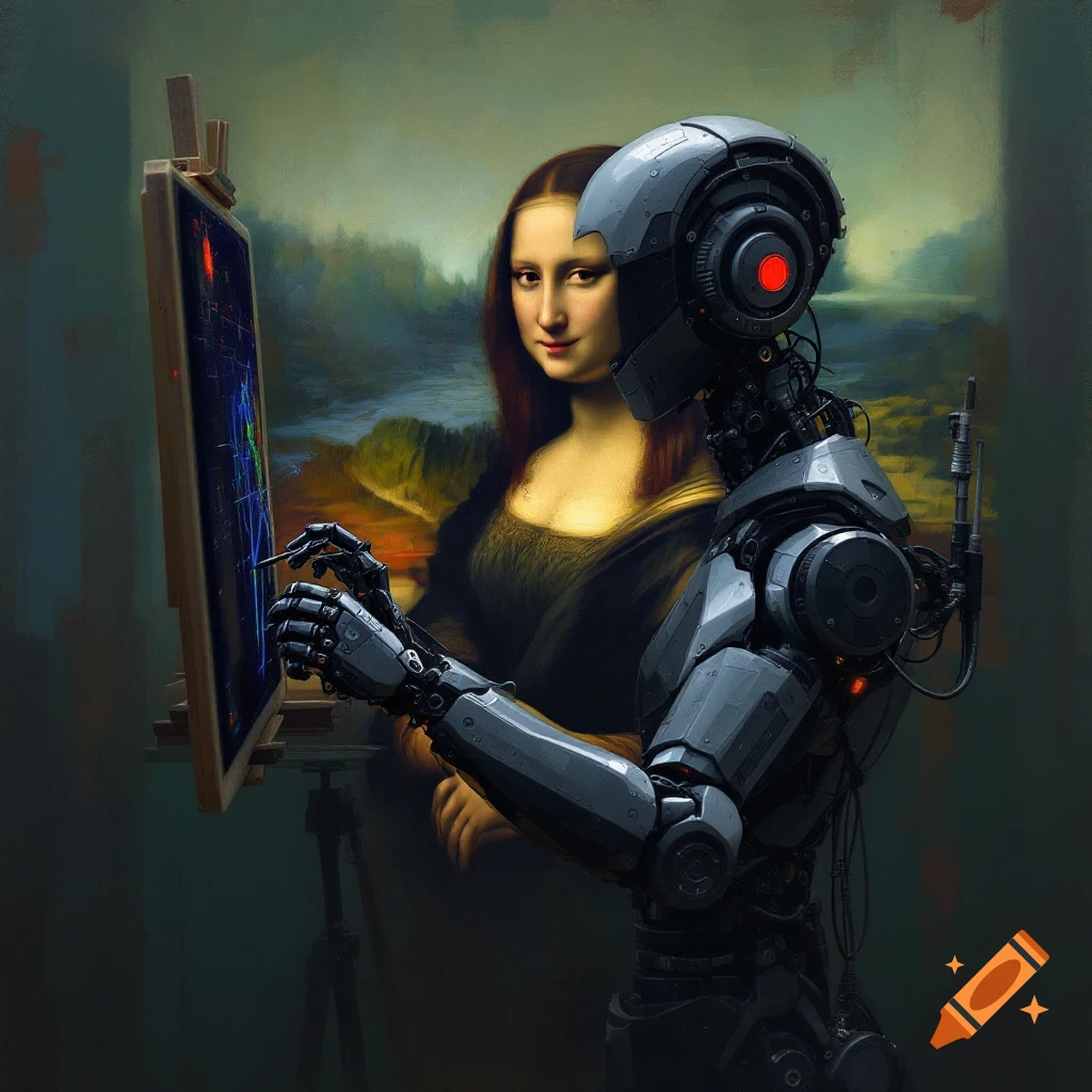 A robot paints the Mona Lisa on an easel.