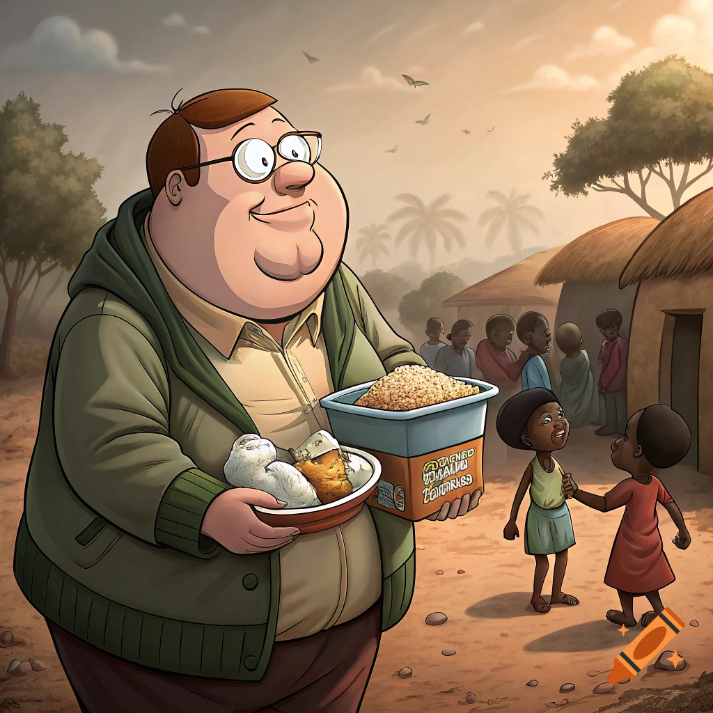 Cartoon of Peter Griffin giving food to children in an African village