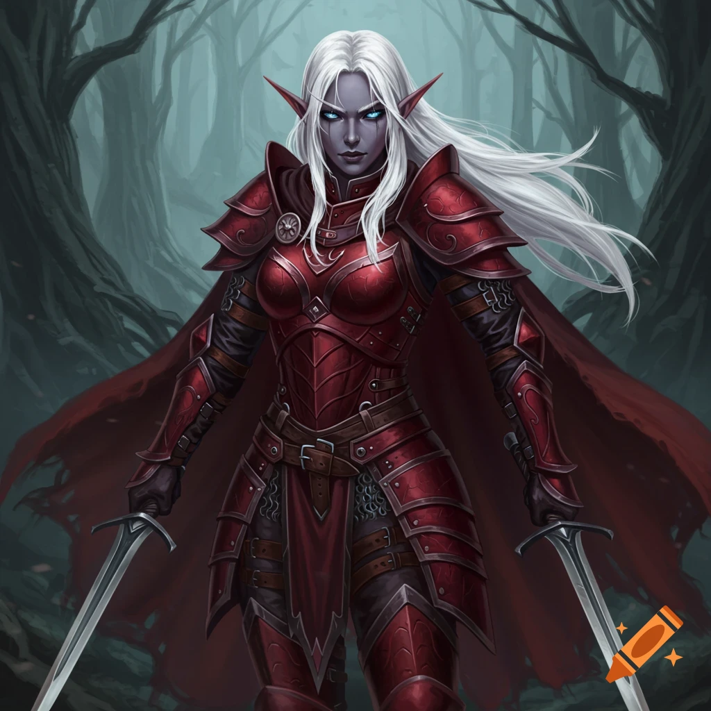 A dark elf female in red armor with white hair dual-wielding swords in a dark forest.