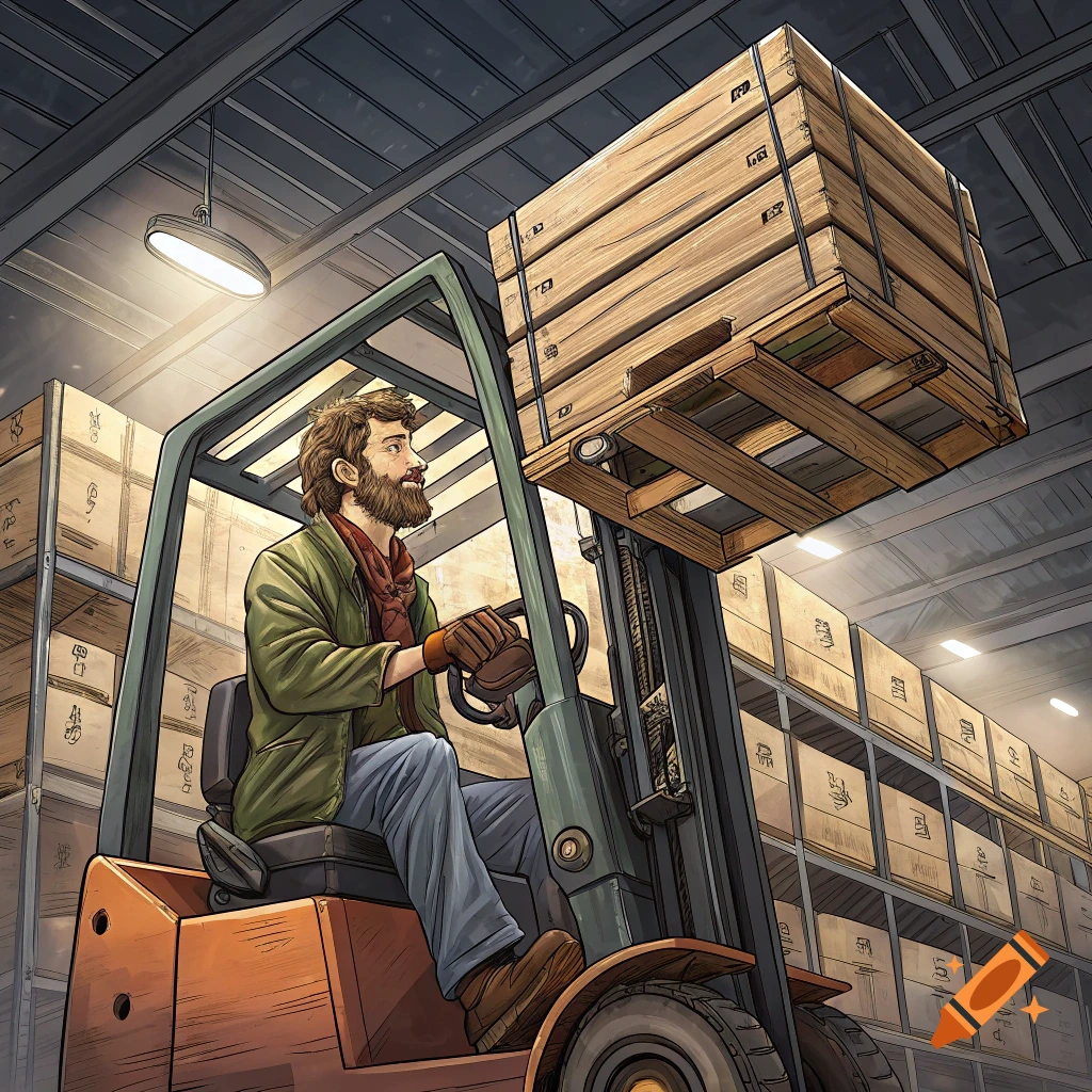 Illustrated man driving a forklift in a warehouse, lifting a large wooden crate.