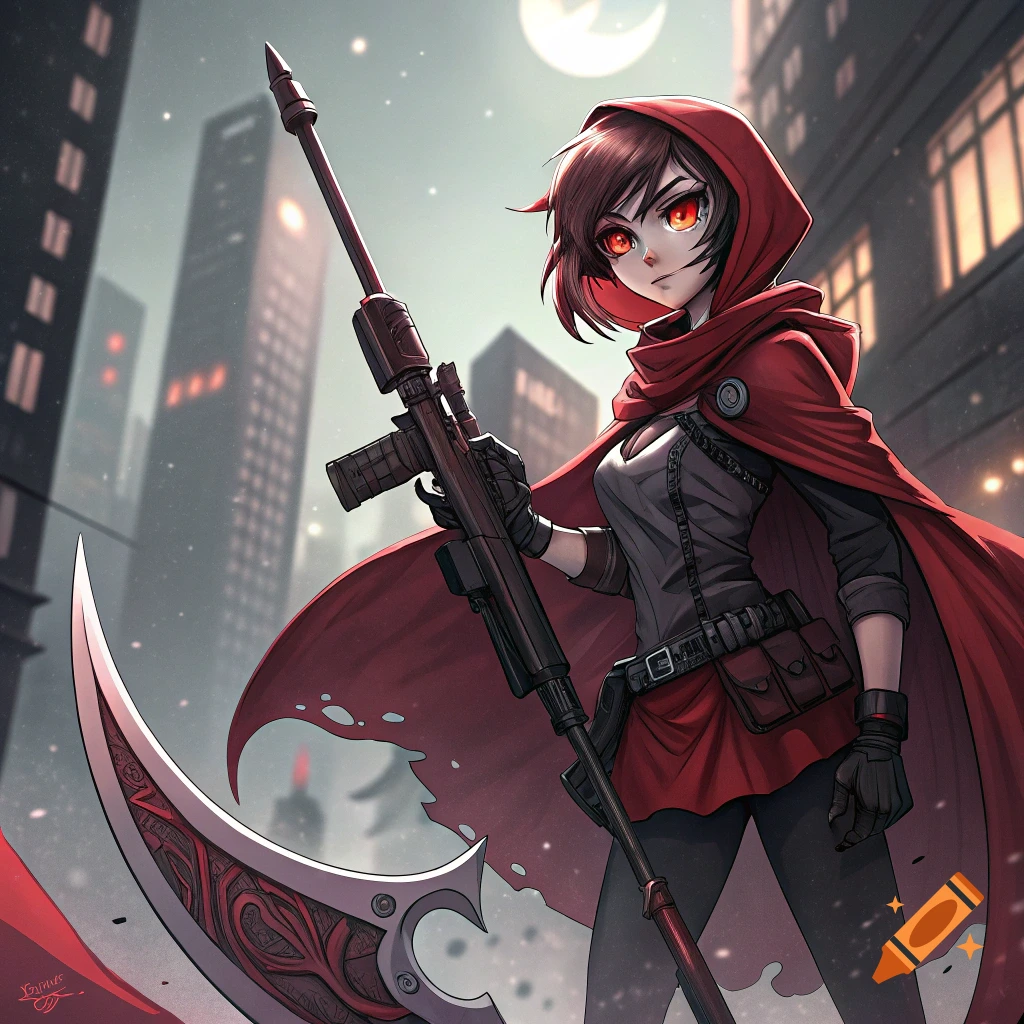 Anime style illustration of Ruby Rose from RWBY in a city, holding her Crescent Rose scythe.