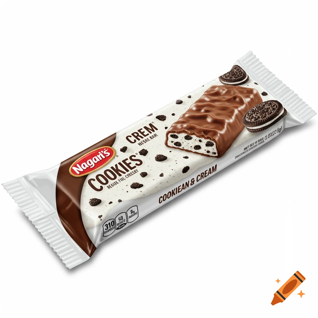 A cookies and cream chocolate bar in packaging, shown at an angle.