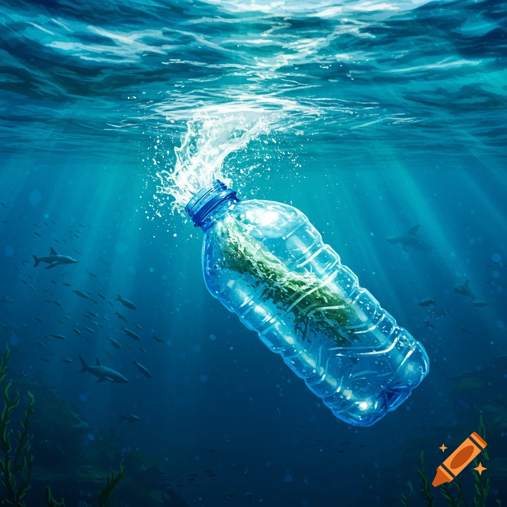A plastic bottle floats in the ocean with water splashing out