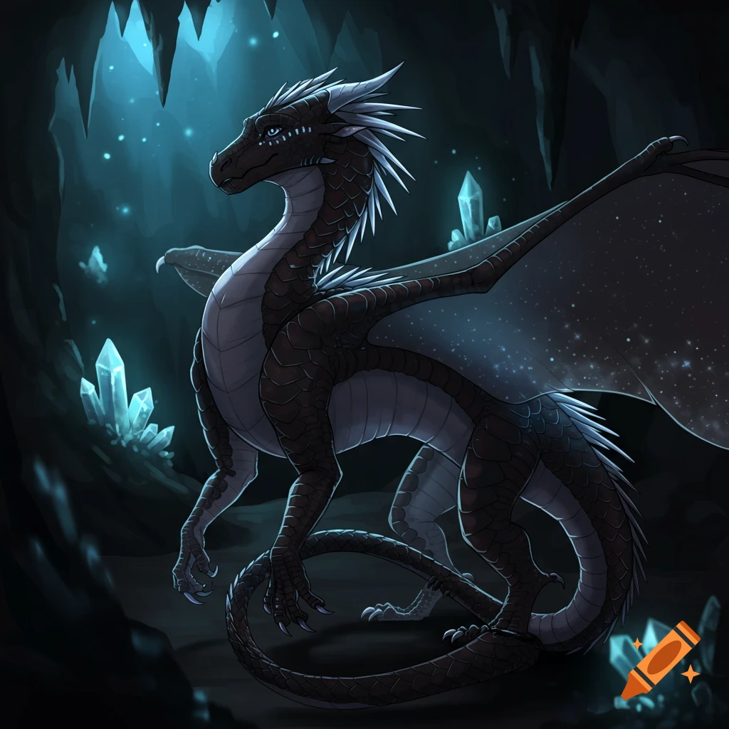 A dark dragon with white spikes standing in a glowing crystal cave.