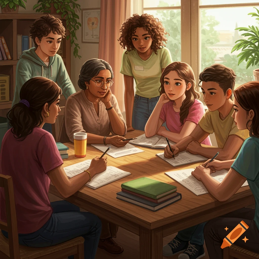 A diverse group of young people studying with an older woman mentor at a table.