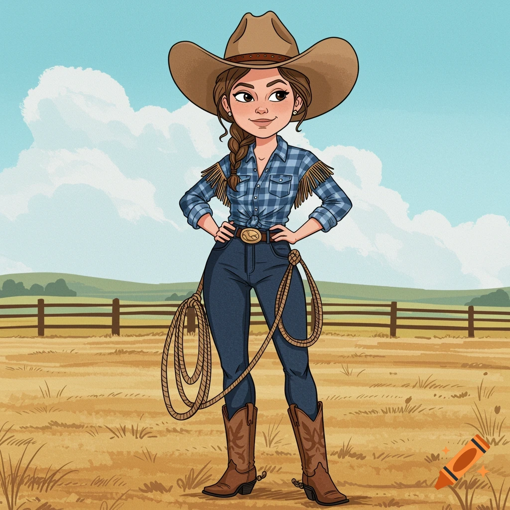 Cartoon illustration of a cowgirl in a field.