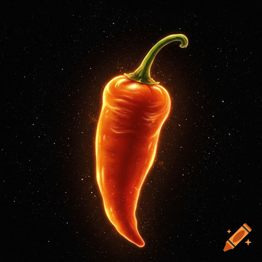 A glowing red chili pepper floats in space with stars.