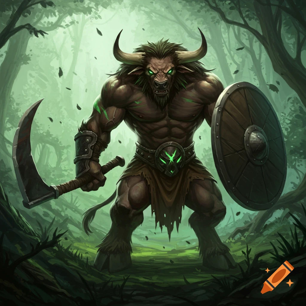 A powerful minotaur stands in a forest, holding a sickle and shield.