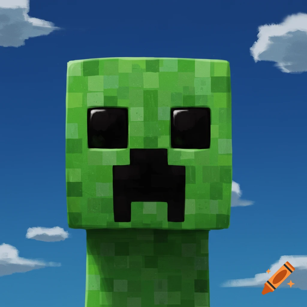 A close-up of a Minecraft Creeper against a blue sky with clouds.