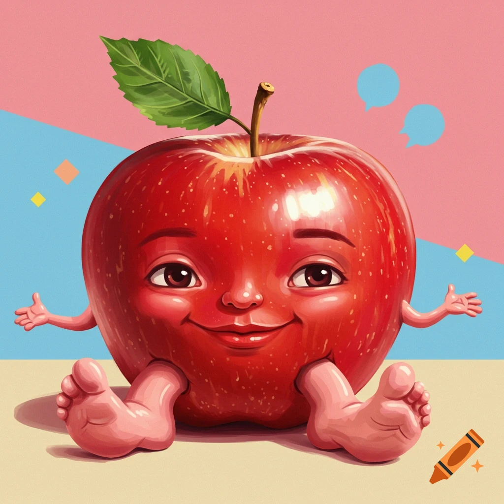 A cartoon apple with a human face, arms, and feet sits on the ground with a leaf stem, against a pink and blue background.