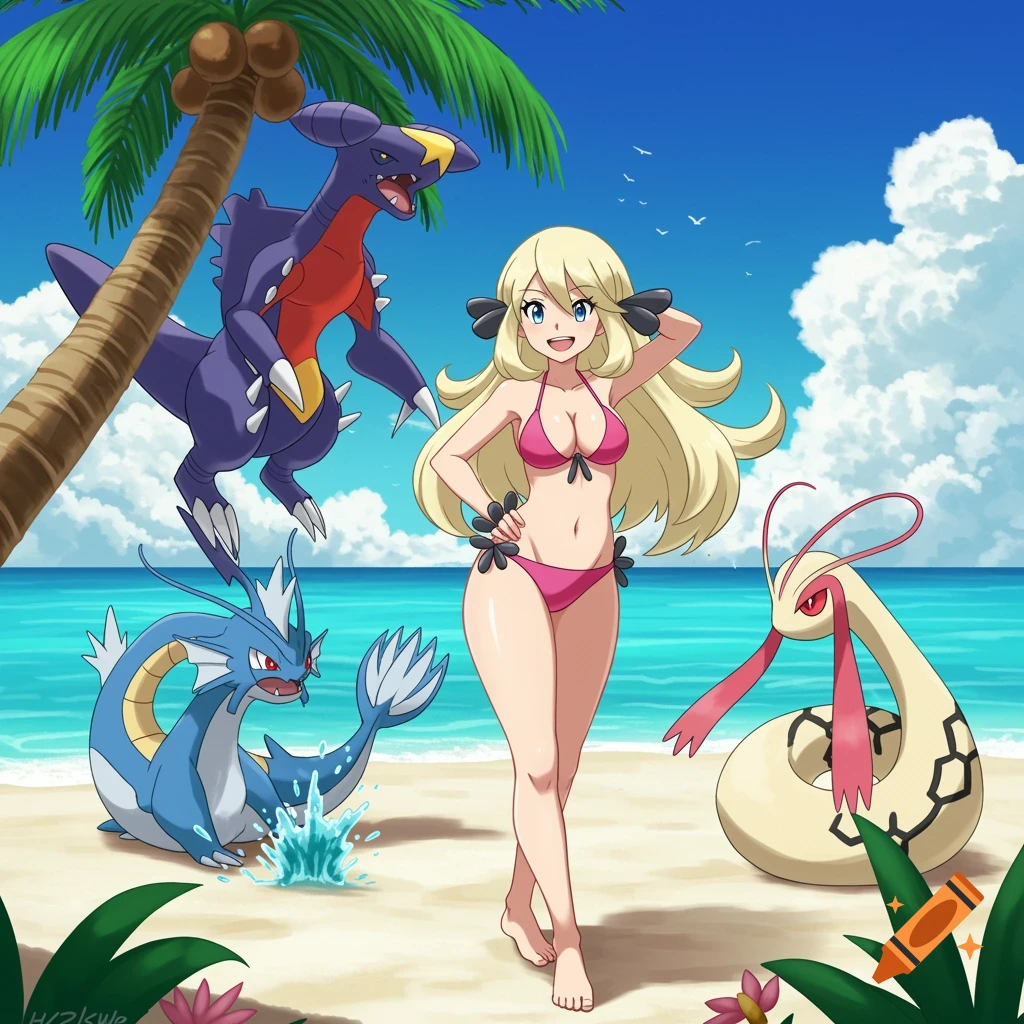 Anime illustration of Cynthia from Pokemon in a bikini with Garchomp, Gyarados, and Milotic on a beach. on Craiyon Anime illustration of Cynthia from Pokemon in a bikini with Garchomp, Gyarados, and Milotic on a beach. on Craiyon