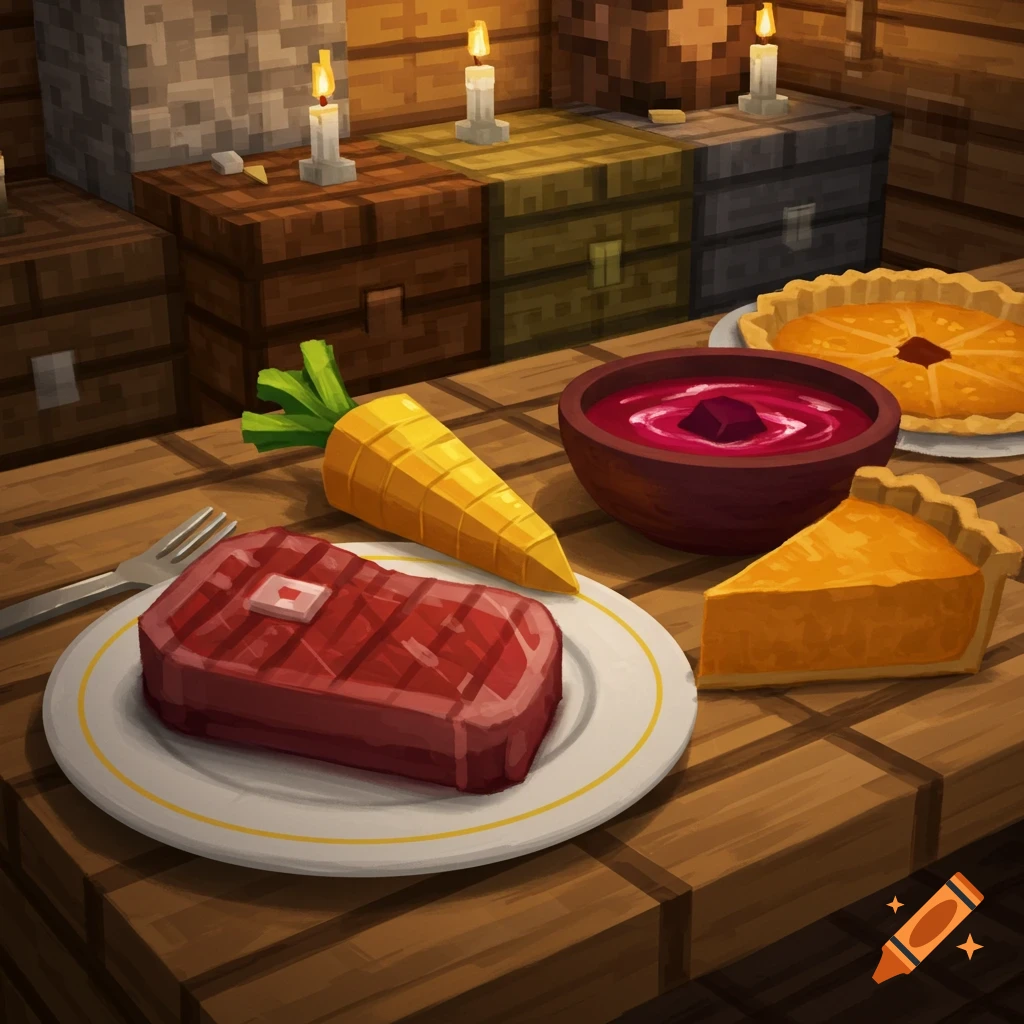 A blocky Minecraft style meal with steak, pie, carrot, and sauce on a wooden table with candles.