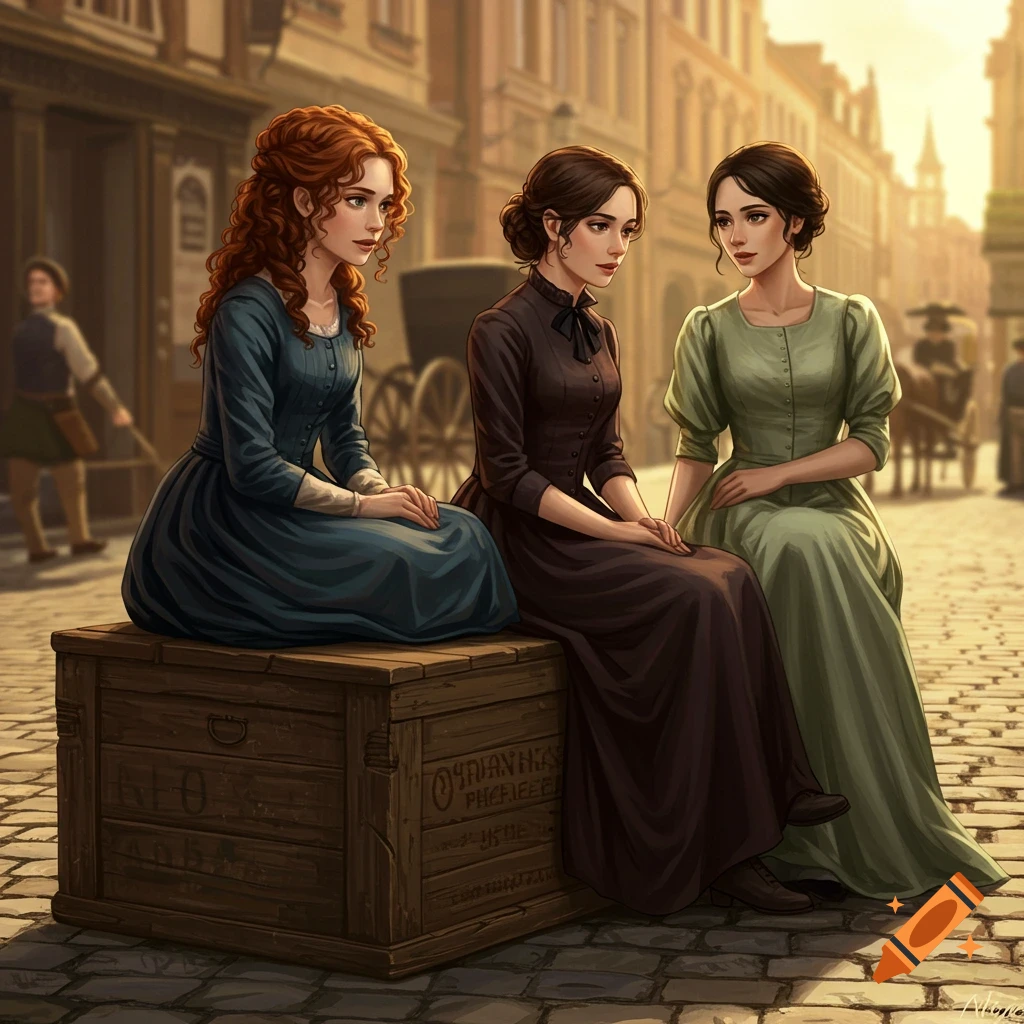 Three women in 1800s dresses sit on a wooden crate in a street scene