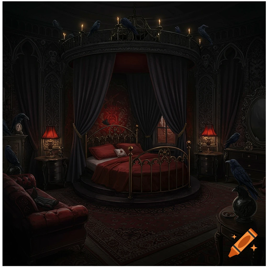 A dark, gothic bedroom with a large circular bed, black curtains, and ravens perched around the room.