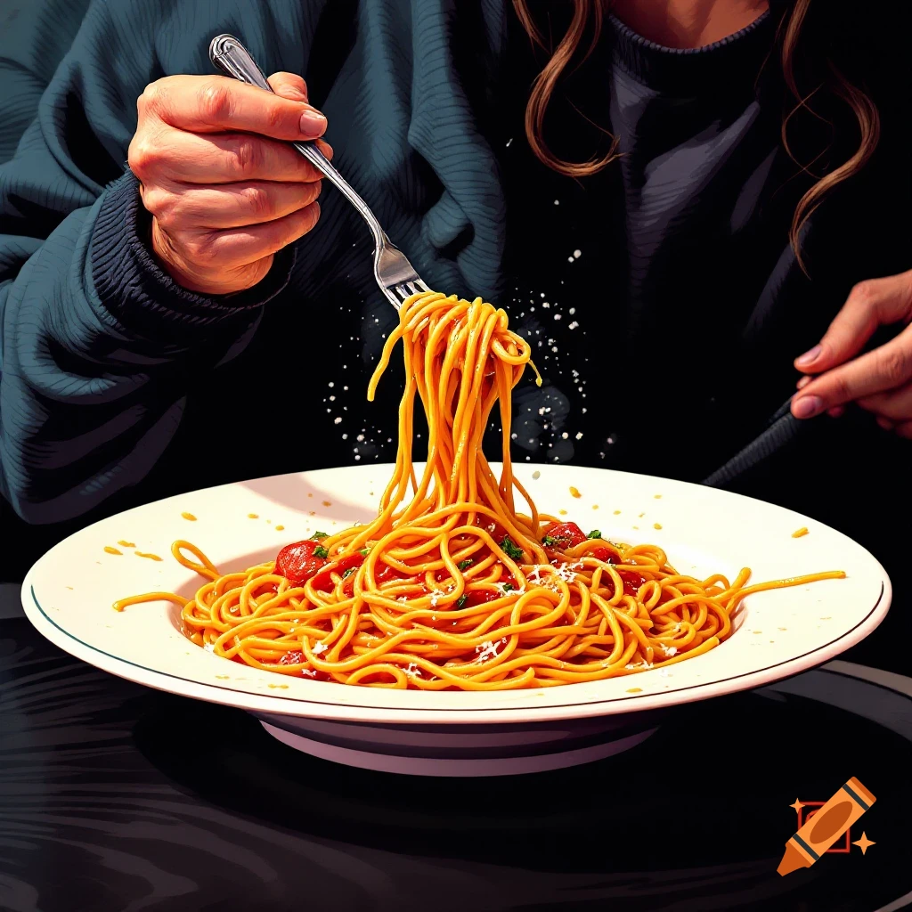 Close up of a person using a fork to lift spaghetti from a white plate.