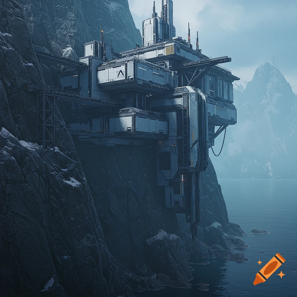 A futuristic industrial building sits on a rocky mountain overlooking water, with snowy peaks in the distance.