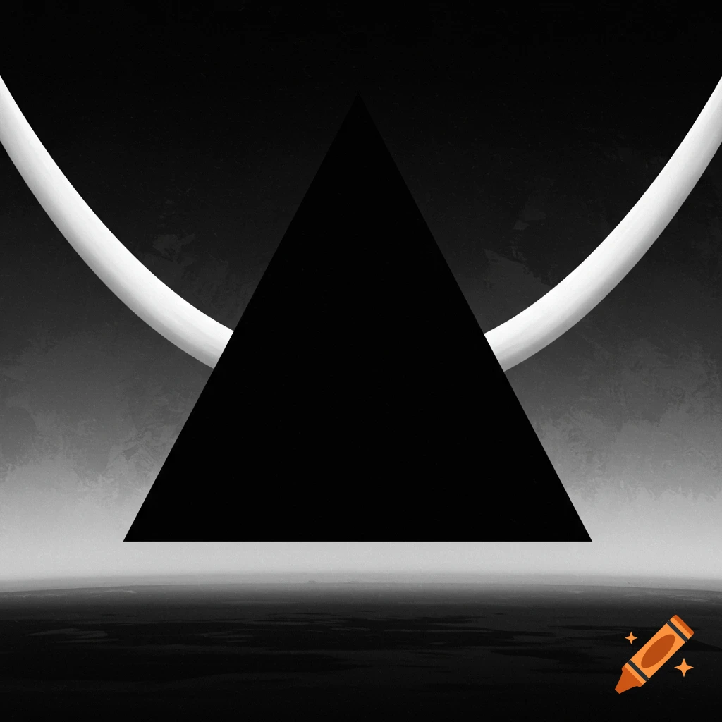 A black triangle over a dark landscape with two curved white shapes behind it.