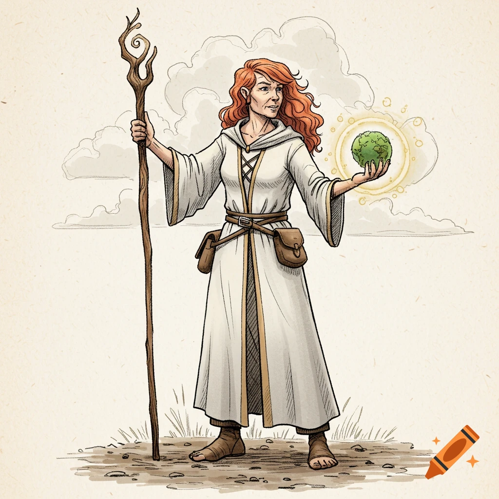 Fantasy illustration of a middle-aged woman wizard in a robe, holding a staff and casting an earth spell.