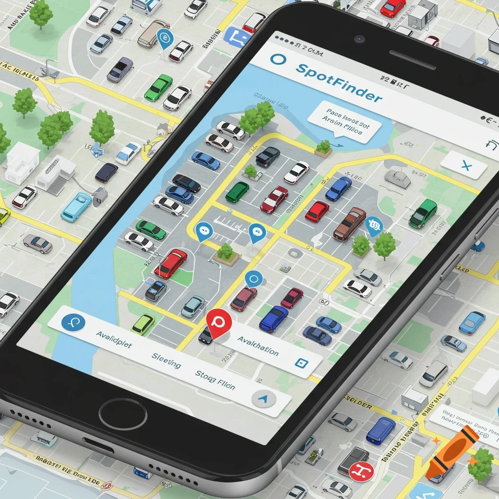 A mobile phone displays a map app called "SpotFinder" showing cars and parking spots on a detailed map.