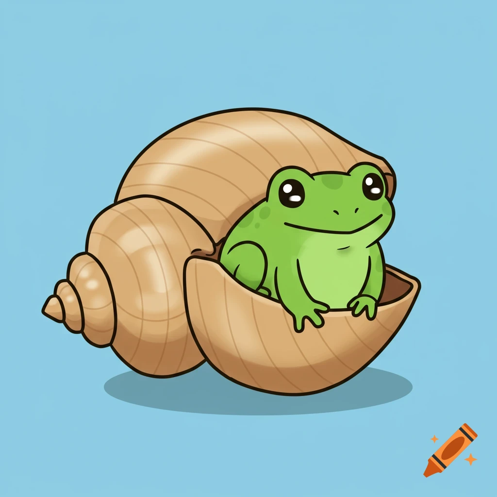 Cute cartoon frog sitting in a seashell against a blue background