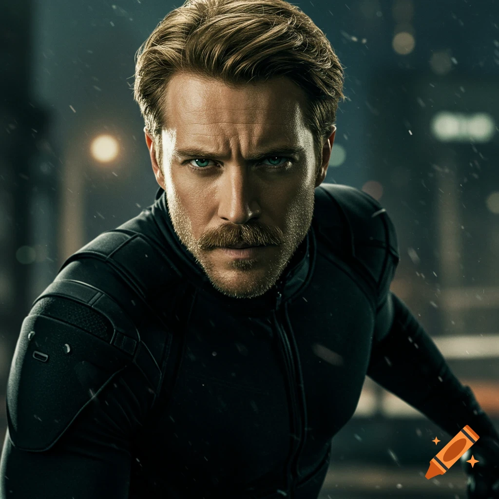 Photorealistic portrait of a man with a mustache in a dark suit