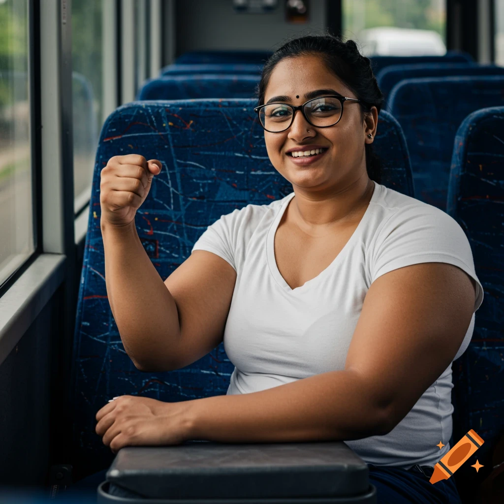 Smiling South Asian woman flexing bicep on a bus, wearing glasses, photorealistic.
