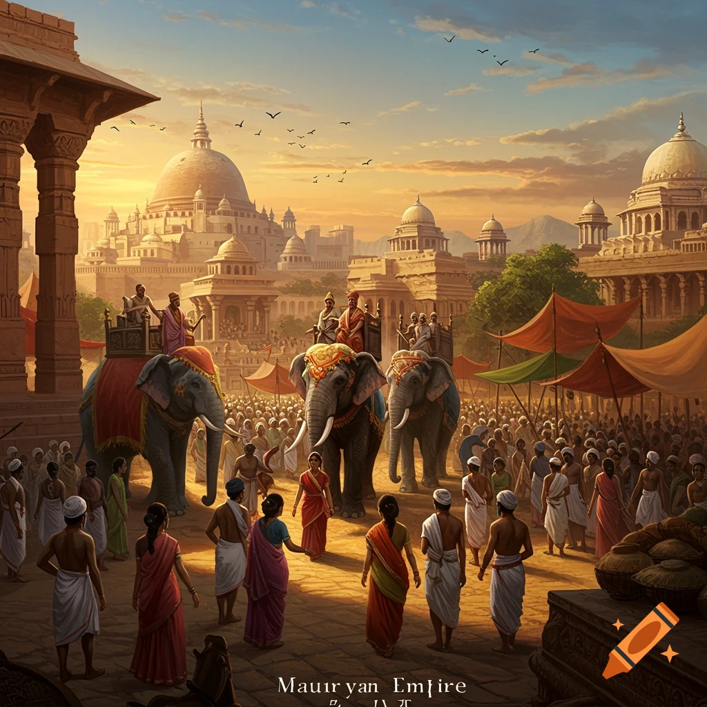 Elephants and people are in an ancient city at sunset