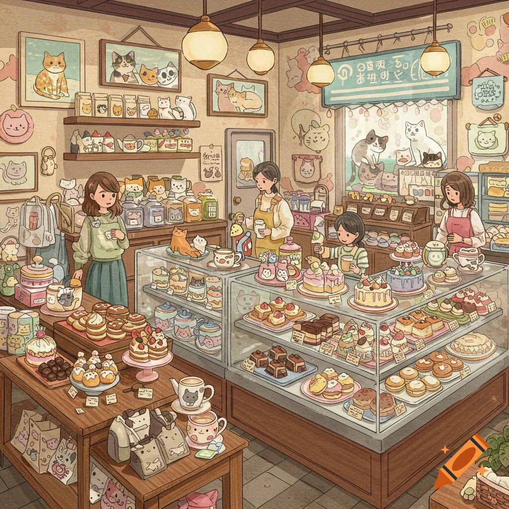 An illustration of a busy cat cafe with people, cats, pastries, and cat-themed merchandise.