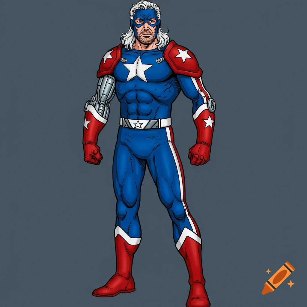 Illustration of a superhero in a blue suit with red and white accents and a robotic arm.