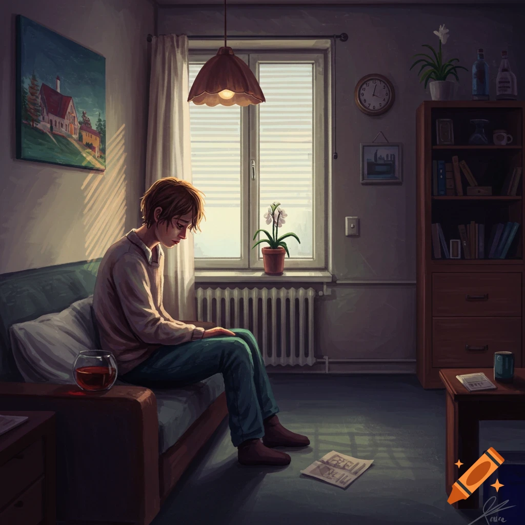 A person sitting alone on a couch in a sunlit room, looking sad.