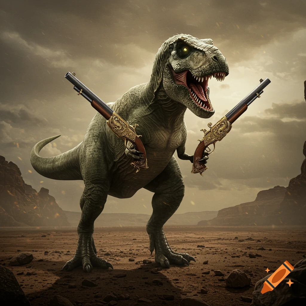 A Tyrannosaurus Rex stands in a rocky landscape holding two ornate shotguns.
