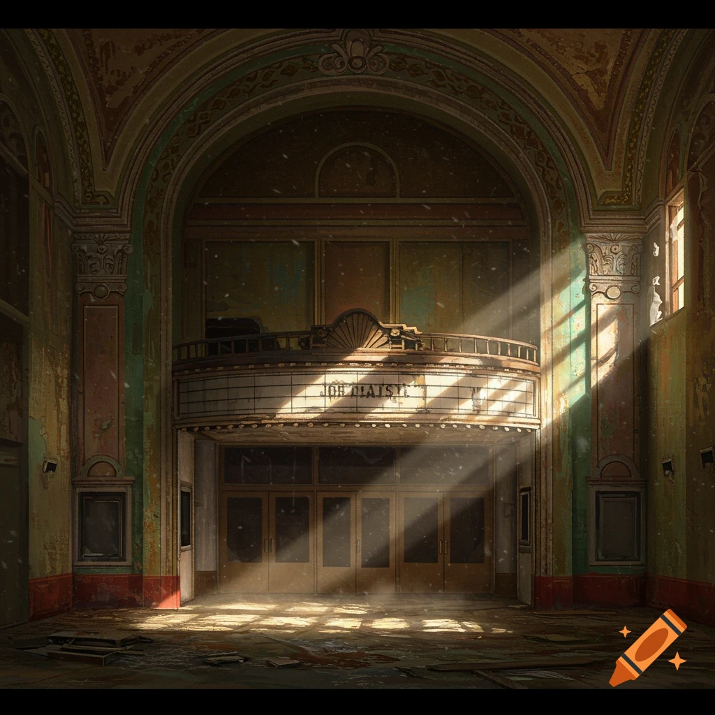 An abandoned theater interior with sunbeams shining through dust-filled air onto the stage.