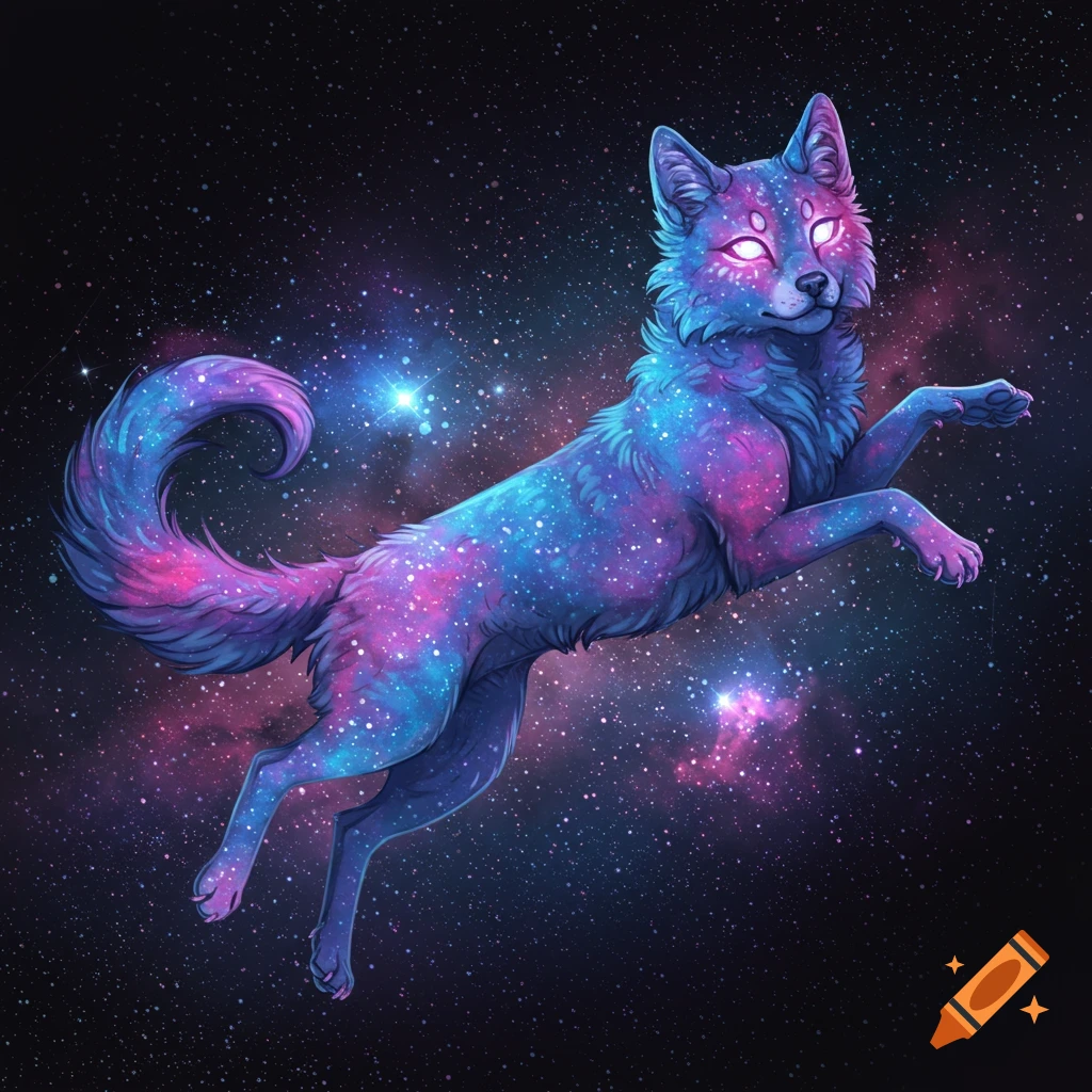 A celestial creature resembling a fox or wolf, covered in stars and nebulae, floating in space.