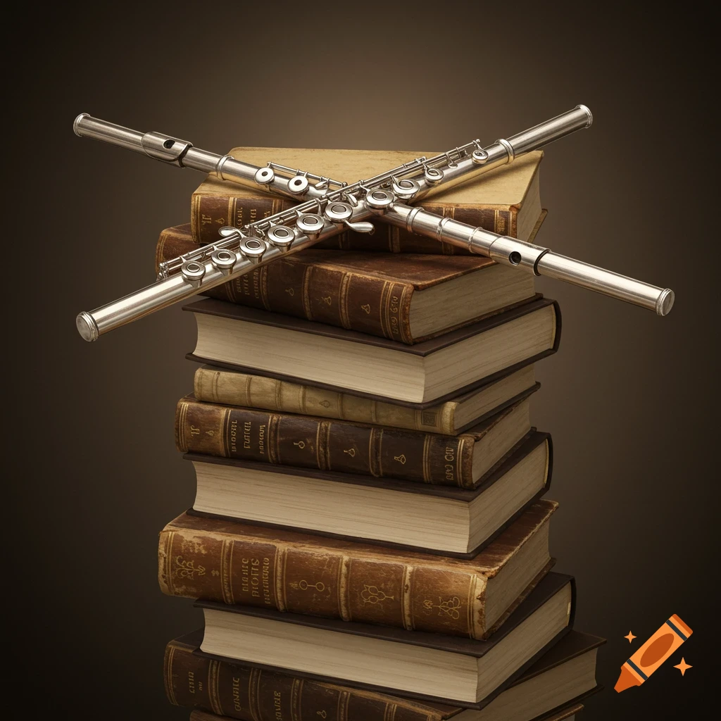 Two silver flutes crossed over a stack of old books