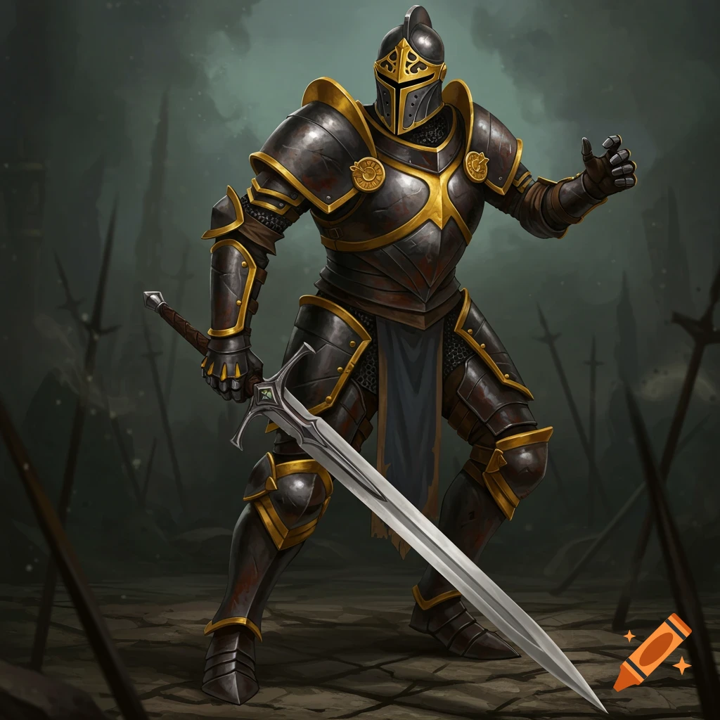 A knight in dark, gold-trimmed, battleworn armor holds a large sword in a desolate landscape with spears sticking out of the ground.