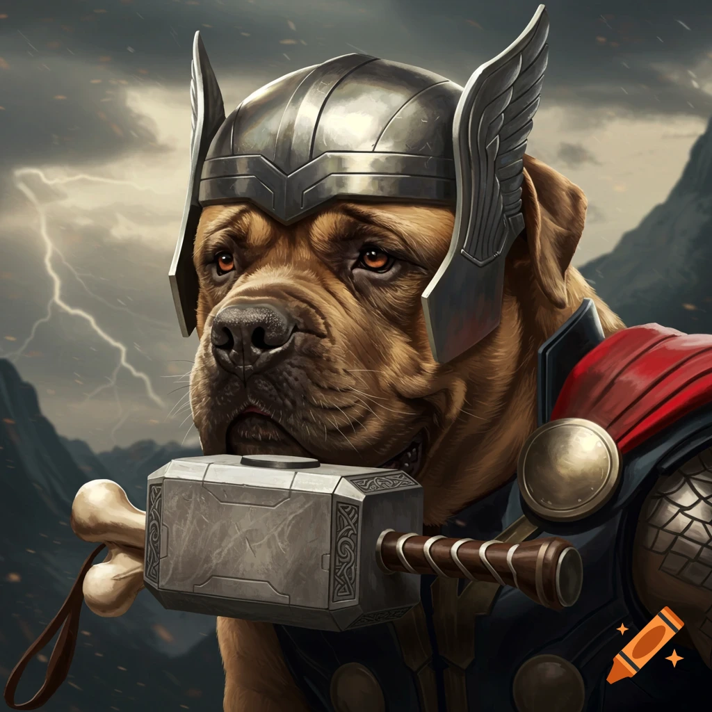A Bull Mastiff wearing Thor's helmet and holding a Mjolnir bone.