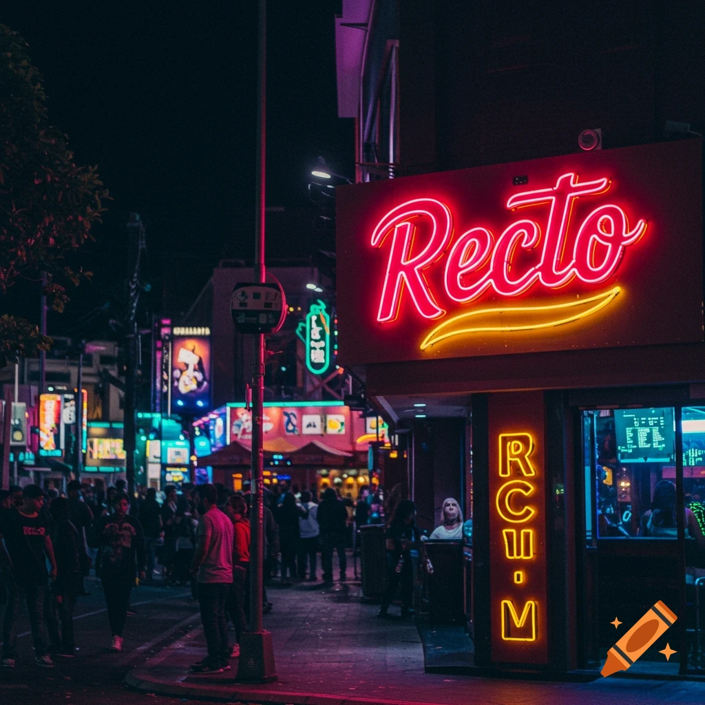 Night street scene with bright neon signs, including a red sign reading Recto, and people walking.