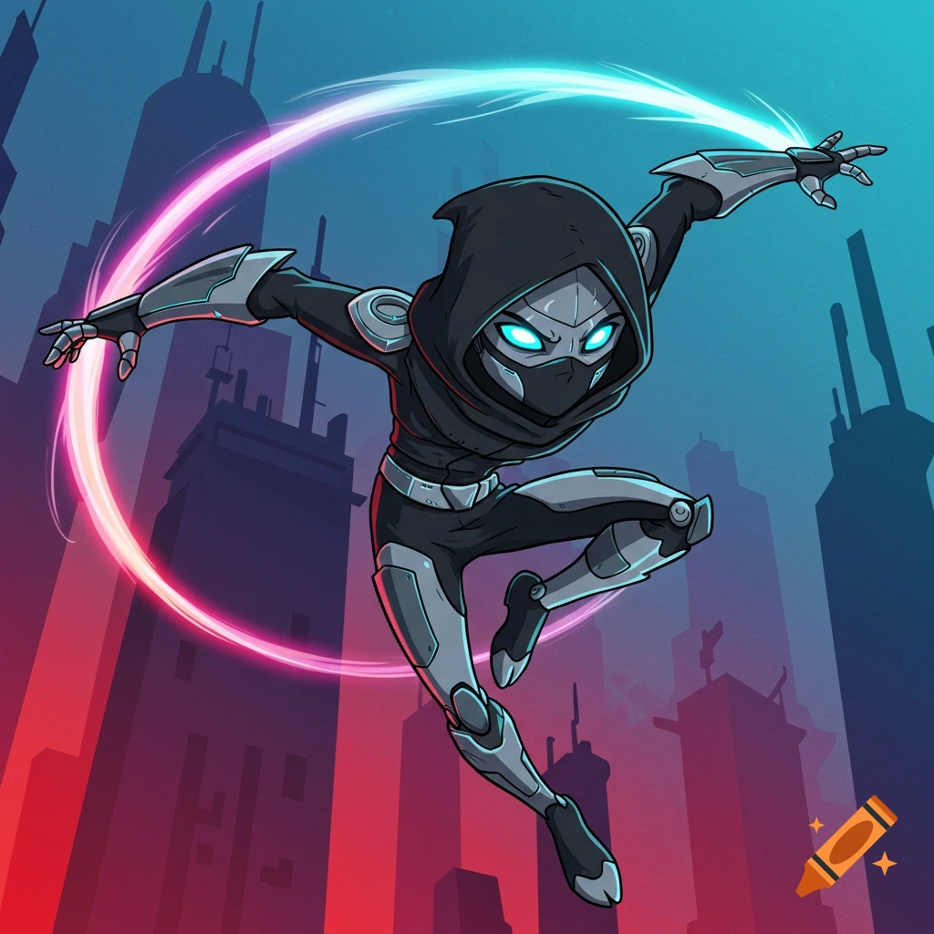 Futuristic ninja android leaps in a city, 2000s cartoon style
