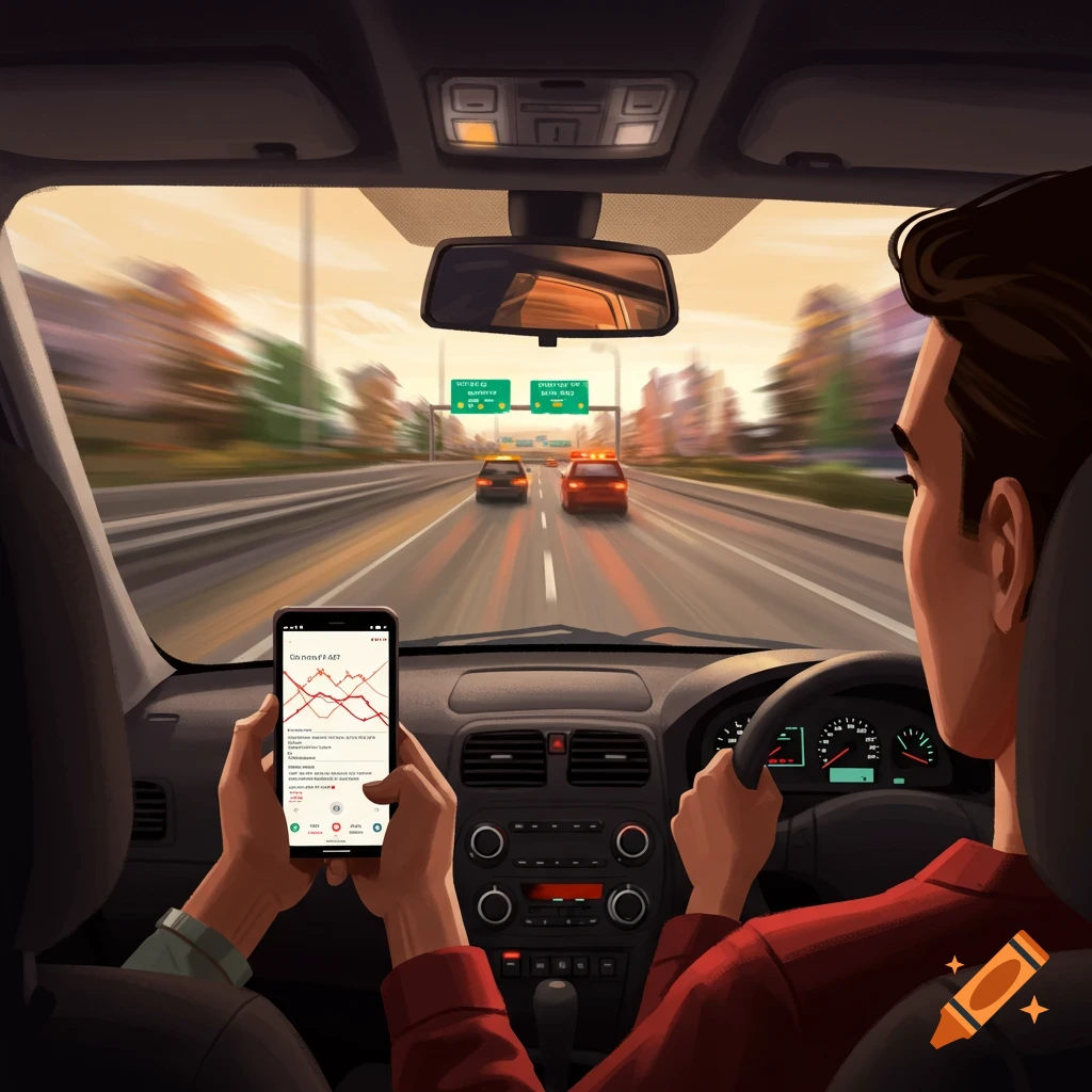 A person is driving a car on a highway while looking at a phone, illustrating distracted driving.