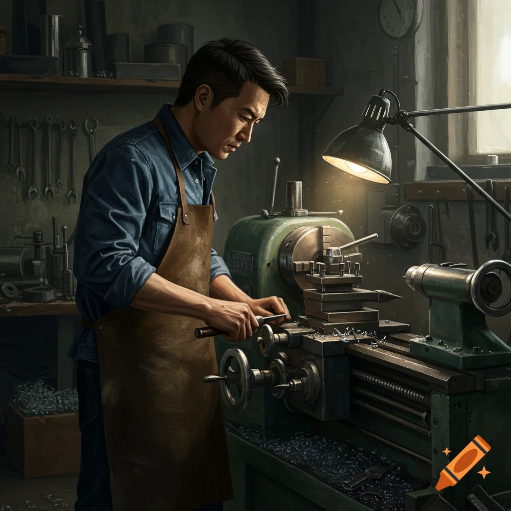 A machinist working on a lathe in a workshop.